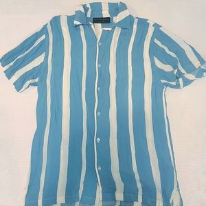 Blue and White Striped Short-Sleeve Button-Up.